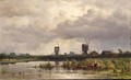 Figures In A Boat With Two Windmills Beyond - Jan Willem Van Borselen