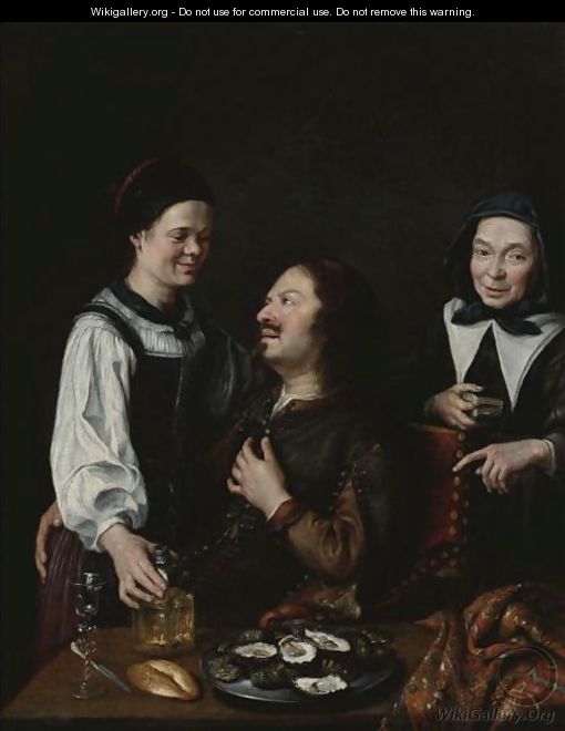 Two Women And A Man By A Table With A Plate Of Oysters And Other Objects - Austrian School