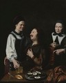 Two Women And A Man By A Table With A Plate Of Oysters And Other Objects - Austrian School