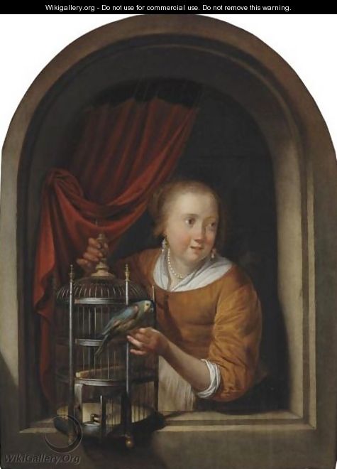 Young Girl With A Perroquet In A Niche - Gerrit Dou
