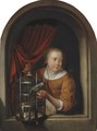 Young Girl With A Perroquet In A Niche - Gerrit Dou