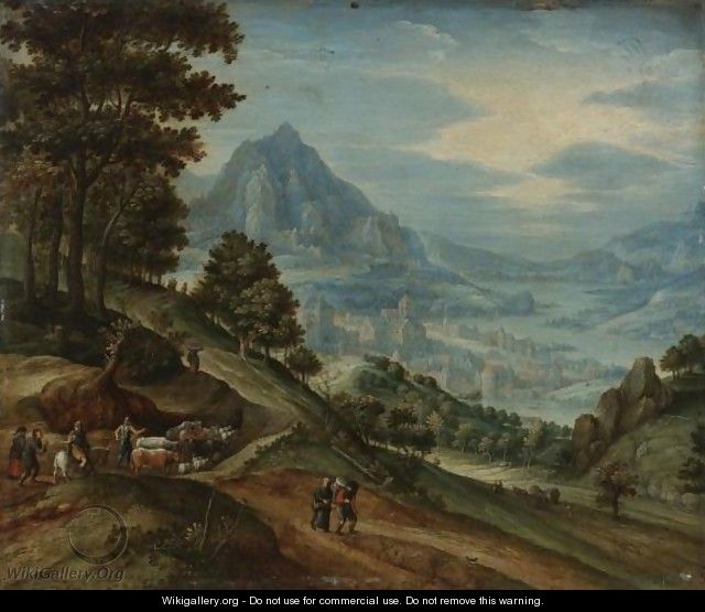 An Extensive Landscape With A Wood, Distant Mountains, A Town On A River Valley, Travellers, Herdsmen, And Ploughmen - Maerten Ryckaert
