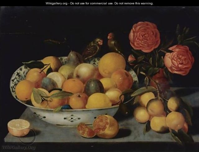 Still Life Of Fruit In A Wanli Kraak Porcelain Bowl Resting On A Table With A Pomegranate - (after) Peter Paul Binoit