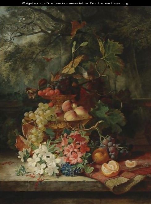 Still Life With Grapes, Cherries, Peaches, And Flowers In A Double-Tiered Gilt Dish, A Carpet And An Orange - (after) Simon Saint-Jean