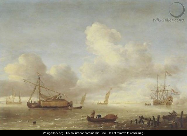 Ships In An Estuary With Fishermen And A Jetty In The Foreground - Hieronymus Van Diest