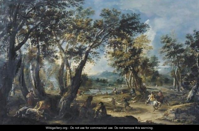 Landscape With A Stag Hunt - Antonio Stom