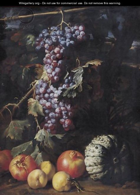 Still Life Of A Bunch Of Grapes Hanging From A Twig, Pomegranates - (after) Abraham Brueghel