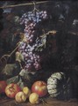 Still Life Of A Bunch Of Grapes Hanging From A Twig, Pomegranates - (after) Abraham Brueghel
