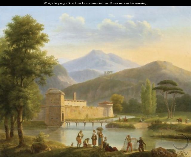 Montainous Landscape With Figures And A Castle By A River - Andre Dutertre