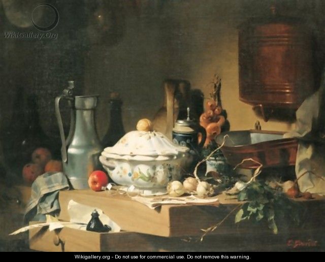 Still Life With Tureen , Glasses And Cloves Of Garlic - Pierre-Eugene Gourdet