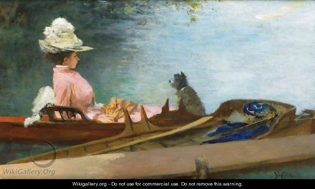 Young Woman In A Boat With Her Dog - Ferdinand Heilbuth