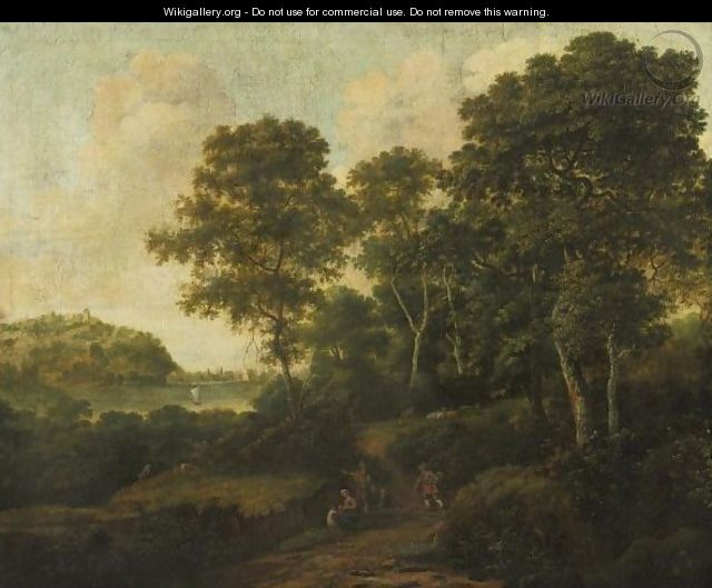 Extensive Landscape With Travelers Resting And Cattle Grazing - Dutch School