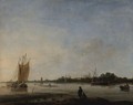 View Of A River With Boats And Figures And A Town In The Distance - (after) Hendrick Dubbels