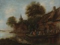 Village By A River With Figures In Boats - Thomas Heeremans