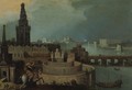 An Imaginary City By A River With A Horseman Hunting A Lion - (after) Louis De Caullery