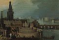 An Imaginary City By A River With A Horseman Hunting A Lion - (after) Louis De Caullery