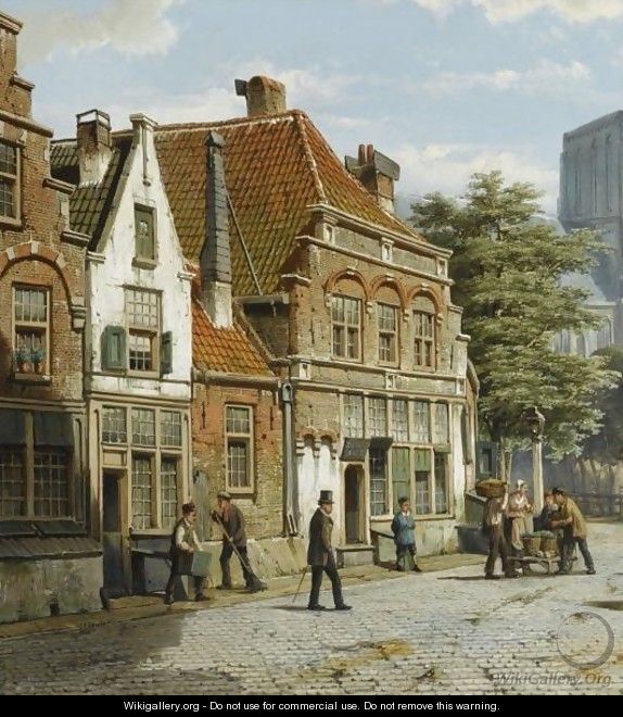 Dutch Street With A Church Tower - Willem Koekkoek