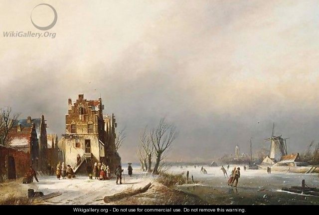 A Winter Landscape With Skaters Near A Village - Jan Jacob Coenraad Spohler