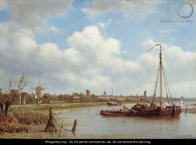 Figures On A Moored Sailing Vessel, A Town In The Background - Petrus Paulus Schiedges