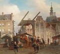 Many Figures Near A Drawbridge In A Dutch Town - Elias Pieter van Bommel