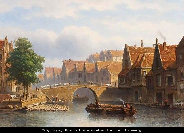 A Canal In A Busy Dutch Town - Eduard Alexander Hilverdink