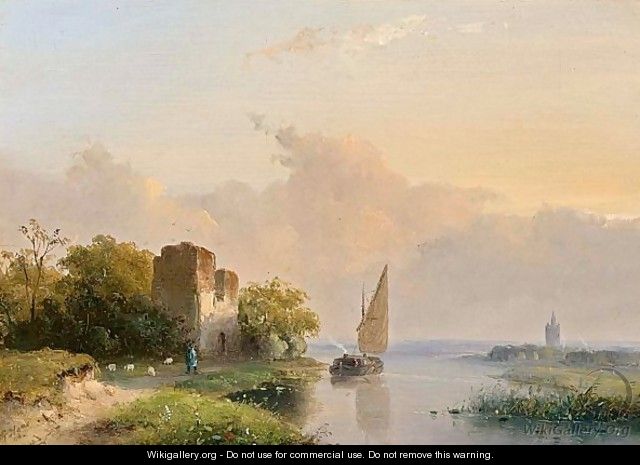 Figures In A River Landscape Near Delft - Josephus Gerardus Hans
