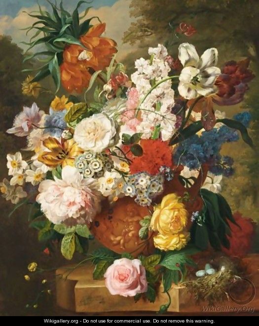 A Still Life With Tulips, Roses, Peonies And Various Other Flowers In A Terracotta Vase And A Bird