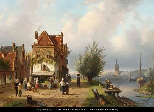 A Town View With Figures By A Market Stall - Charles Henri Leickert