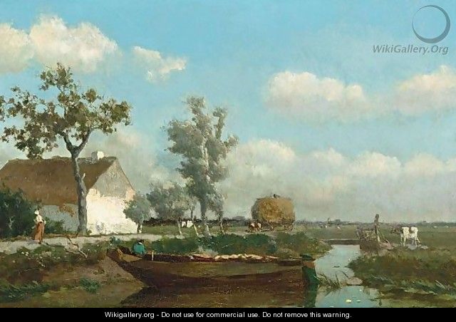 A Polder Landscape With A Figure On A Barge - Jan Hendrik Weissenbruch