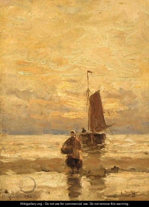 A Fisher Woman On The Beach At Sunset - Gerhard Arij Ludwig Morgenstje Munthe