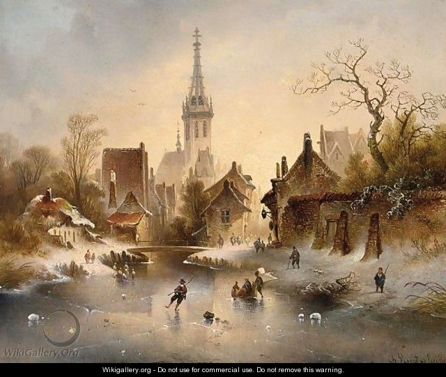 A Winter Landscape With Skaters Near A Village - Charles van den Eycken