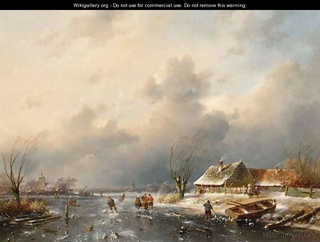 A Frozen Waterway With Skaters By A Cottage - Charles Henri Leickert