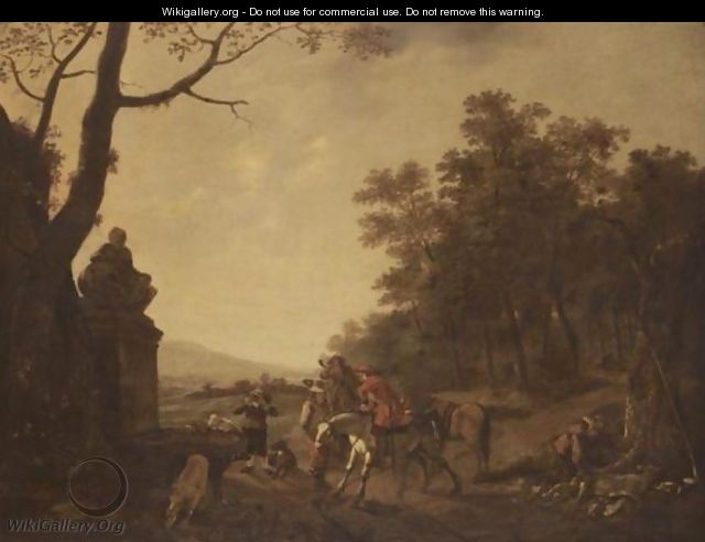 A Hunting Party Resting Beside A Fountain In A Wooded Landscape - (after) Ludolf De Jongh