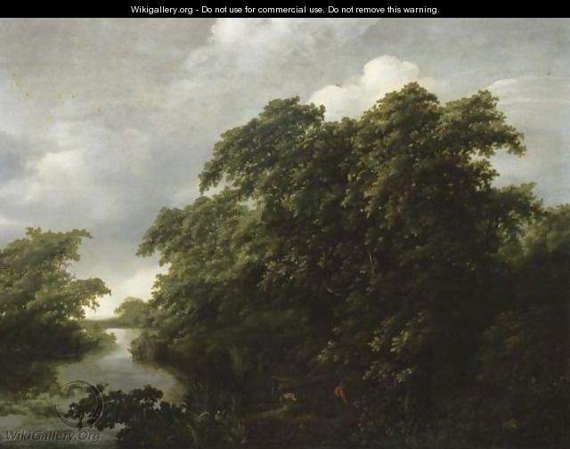 A River Landscape With Two Fishermen Mooring Their Boat - (after) Jan Lagoor