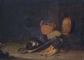A Still Life With A Terracotta Urn, A Copper Basin, Cabbages And Carrots, Set In A Barn Interior - (after) Egbert Lievensz. Van Der Poel
