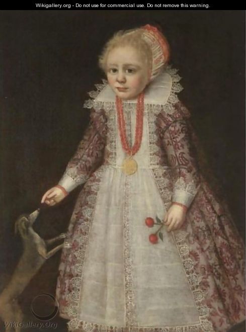 Portrait Of A Young Child, Full Length, Wearing A Pink Embroidered Dress - (after) Anthony Van Ravesteyn