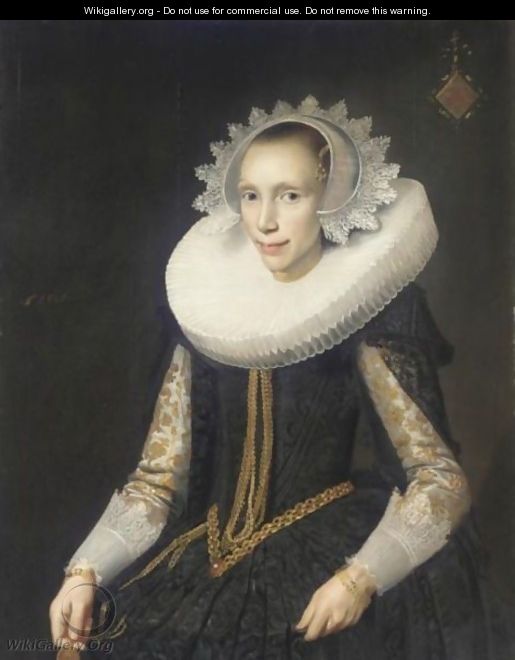 Portrait Of A Young Lady, Half Length, Wearing A Black Dress And An Elaborate Ruff And Headress - Jan Damen Cool