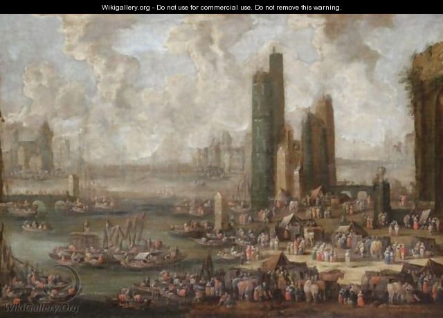 A Capriccio Harbour Scene With Numerous Figures And Merchants On The Quay - Pieter Casteels