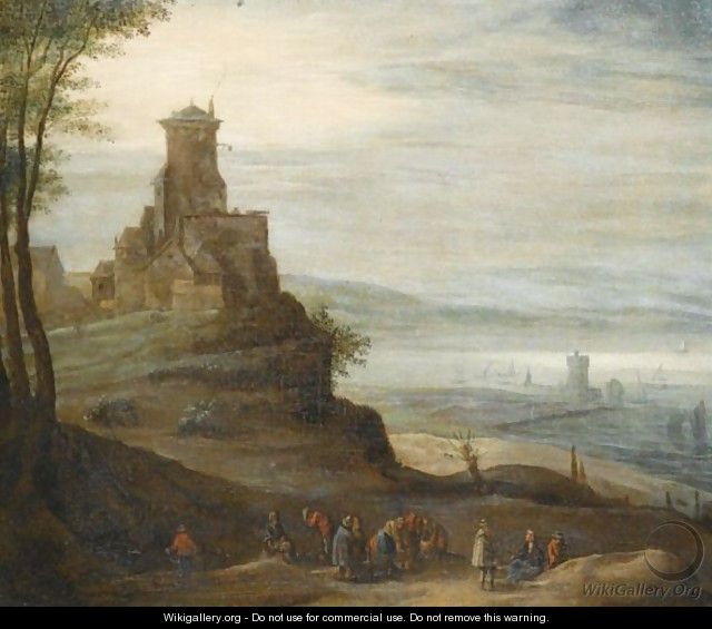A River Landscape With Figures In The Foreground, A Castle Beyond - (after) Jan The Elder Brueghel