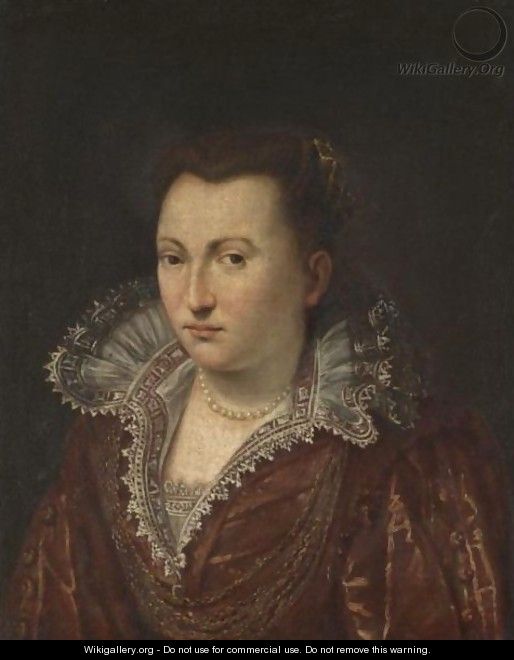 Portrait Of A Noblewoman, Bust Length, Facing Left, Wearing A Red Dress With An Elaborate Lace Collar - Florentine School