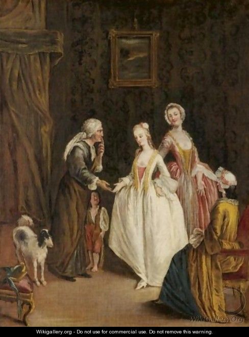 An Interior With An Elderly Lady And Her Child Receiving Charity From Three Young Ladies - (after) Longhi, Pietro