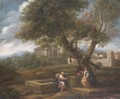 A Classical Landscape With Christ And The Woman Of Samaria - (after) Jan Frans Van Orizzonte (see Bloemen)