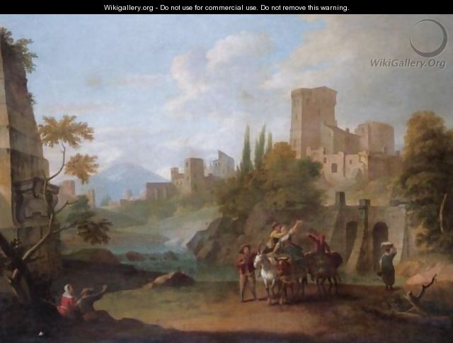 An Italianate River Landscape With Drovers And Their Animals, A Town Beyond - North-Italian School