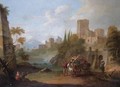 An Italianate River Landscape With Drovers And Their Animals, A Town Beyond - North-Italian School