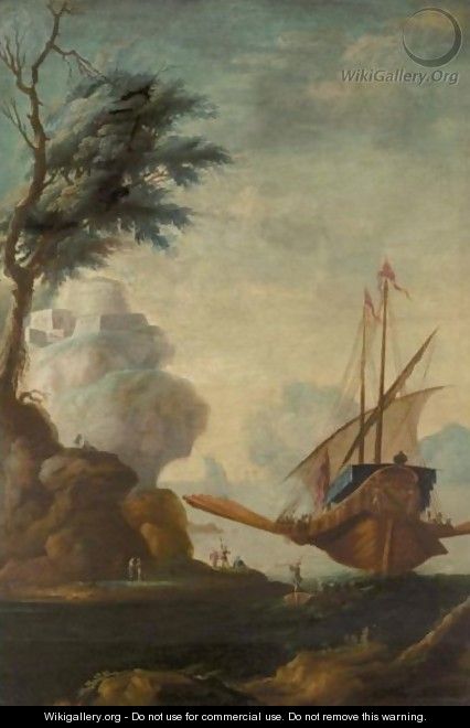 Italianate Coastal Landscape With A State Barge Before A Hill Top Fort - (after) Lorenzo A. Castro