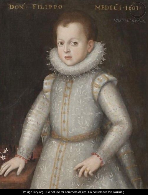 Portrait Of Young Boy, Half Length, Wearing White With An Elaborate Ruff And Resting His Hand On The Table Said To Be Filippo De Medici - (after) Tiberio Titi