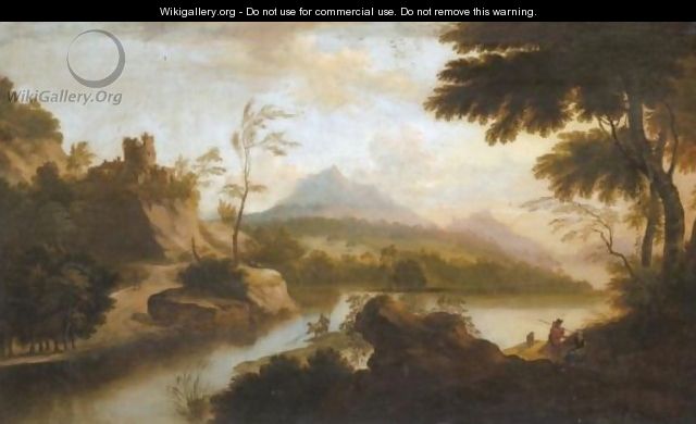 A River Landscape With Fishermen In The Foreground, A Castle Beyond - Anglo-Flemish School