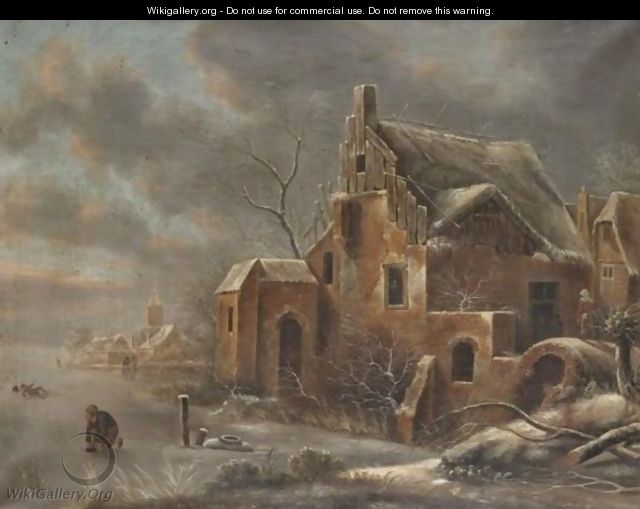 A Winter Landscape With A Skater Putting His Skates On Before A Cottage - C.J. Wouters
