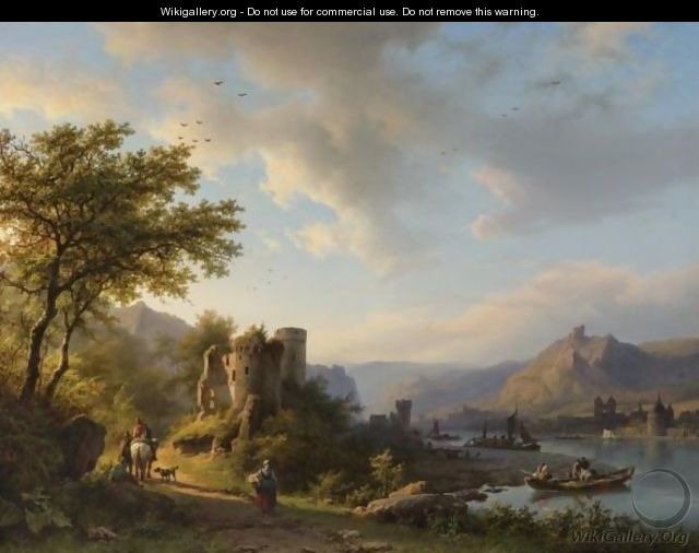 A Landscape With Travelers And Boats Along The Moselle River - Barend Cornelis Koekkoek