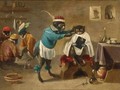 An Interior Of A Monkey Barbershop With A Monkey Trimming A Cat And Three Monkeys Sitting In The Background - (after) Abraham Teniers